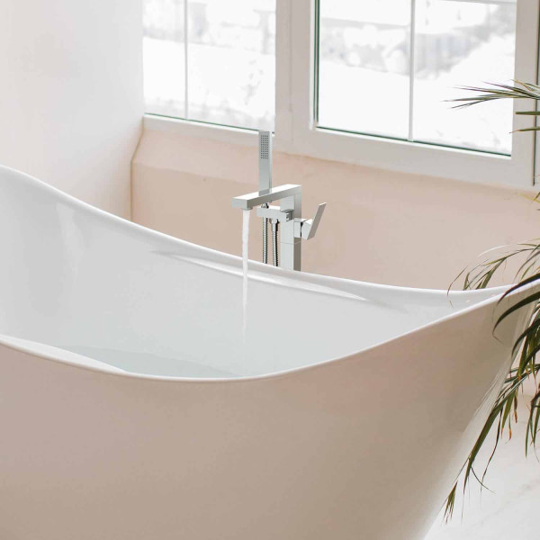 KIBI KTF302CH Cube Floor Mount Tub Filler With Hand Shower - Chrome