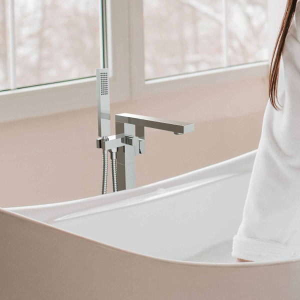 KIBI KTF302CH Cube Floor Mount Tub Filler With Hand Shower - Chrome