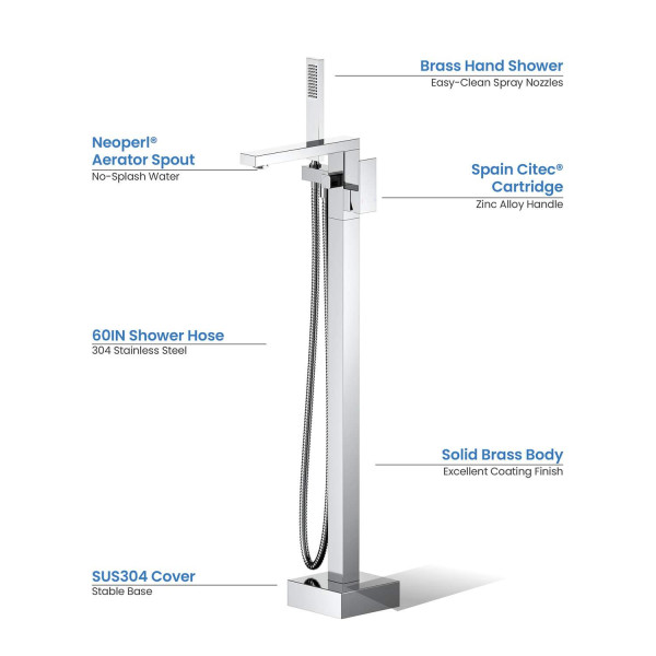 KIBI KTF302CH Cube Floor Mount Tub Filler With Hand Shower - Chrome