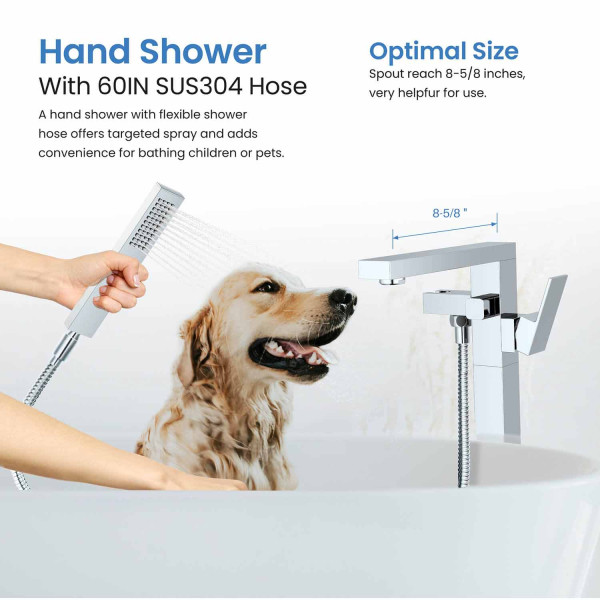 KIBI KTF302CH Cube Floor Mount Tub Filler With Hand Shower - Chrome