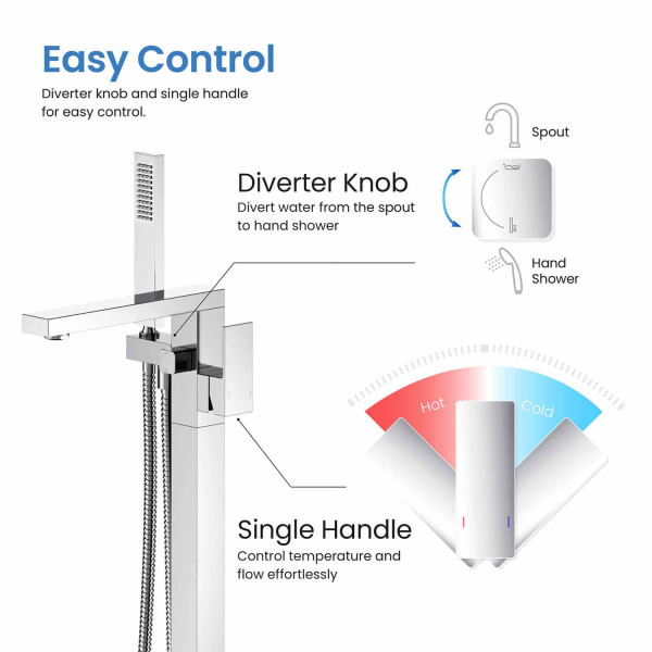 KIBI KTF302CH Cube Floor Mount Tub Filler With Hand Shower - Chrome