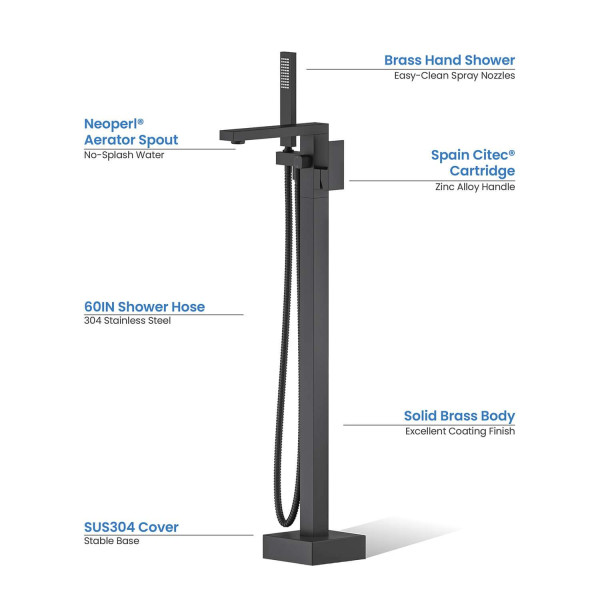 KIBI KTF302MB Cube Floor Mount Tub Filler With Hand Shower - Matte Black