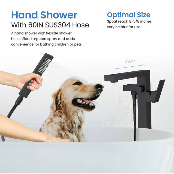 KIBI KTF302MB Cube Floor Mount Tub Filler With Hand Shower - Matte Black