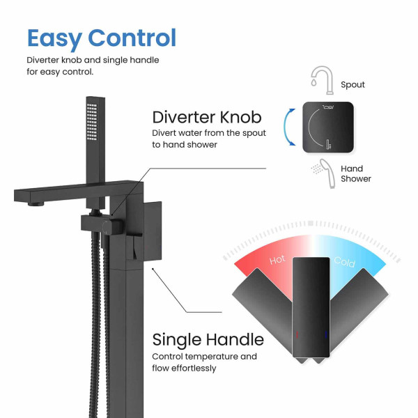 KIBI KTF302MB Cube Floor Mount Tub Filler With Hand Shower - Matte Black