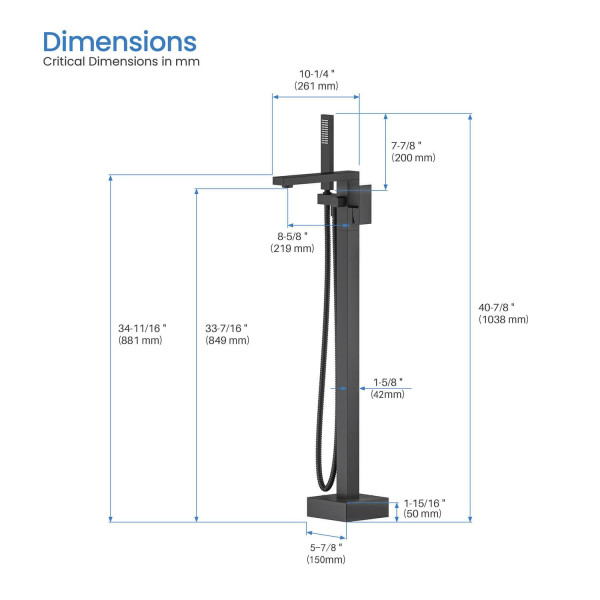 KIBI KTF302MB Cube Floor Mount Tub Filler With Hand Shower - Matte Black