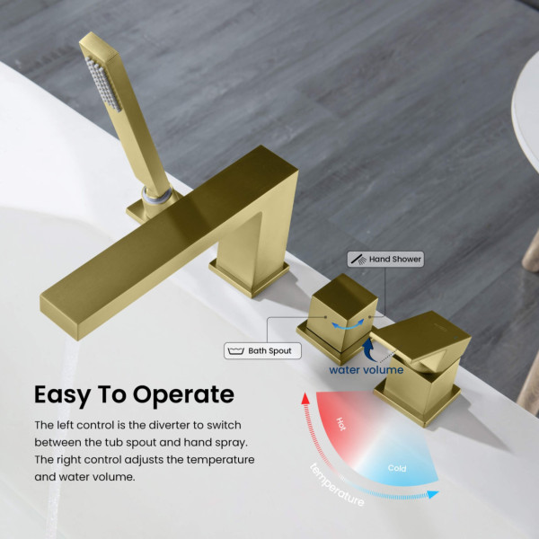 KIBI KTF3102BG Cube Deck Mounted Bathtub Faucet with Hand Shower