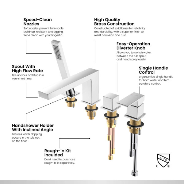 KIBI KTF3102CH Cube Deck Mounted Bathtub Faucet with Hand Shower