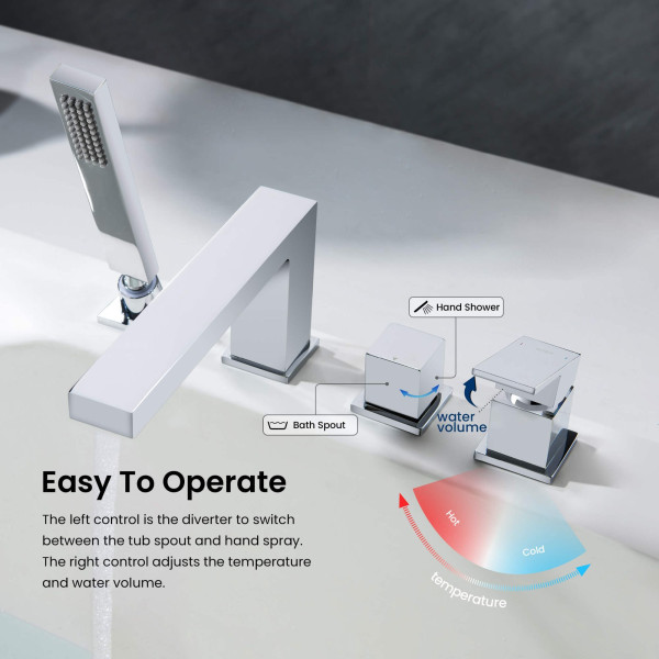 KIBI KTF3102CH Cube Deck Mounted Bathtub Faucet with Hand Shower