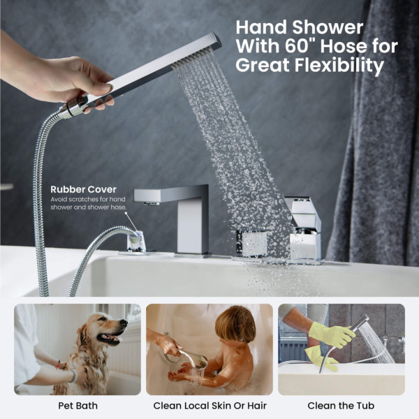 KIBI KTF3102CH Cube Deck Mounted Bathtub Faucet with Hand Shower
