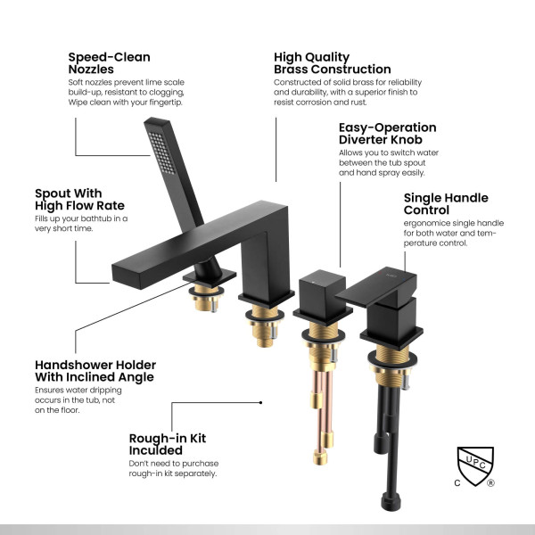 KIBI KTF3102MB Cube Deck Mounted Bathtub Faucet with Hand Shower