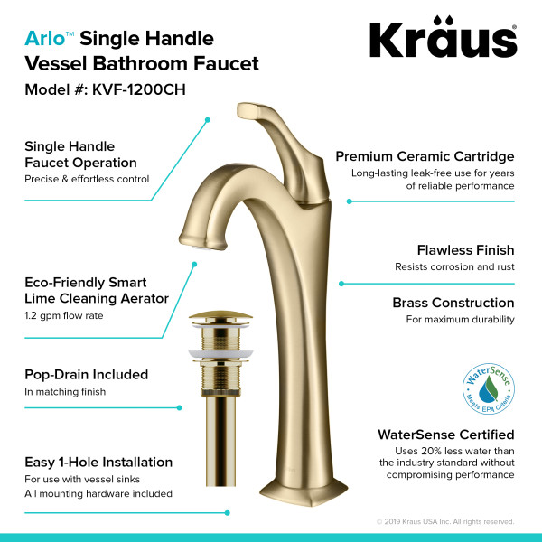 Kraus KVF-1200 Arlo™ Single Handle Vessel Faucet with Pop Up Drain