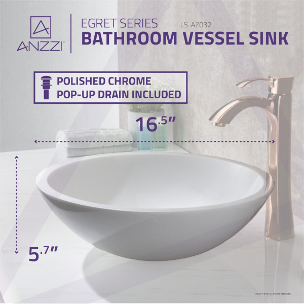 ANZZI LS-AZ032 Egret Series Round Glass Bathroom Vessel Sink In White