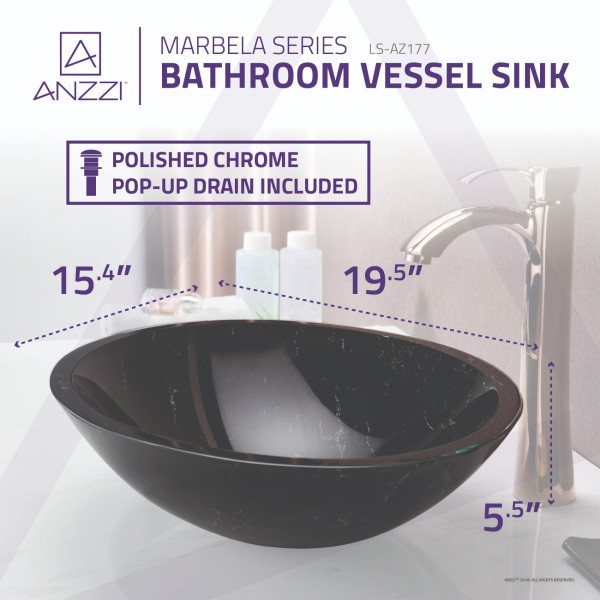 ANZZI LS-AZ177 Marbela Series Deco-Glass Vessel Sink In Marbled Black