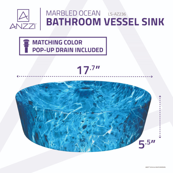 ANZZI LS-AZ236 Marbled Series Ceramic Vessel Sink In Marbled Ocean Finish