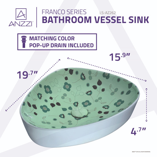ANZZI LS-AZ262 Franco Series Ceramic Vessel Sink In Floral Mint Green