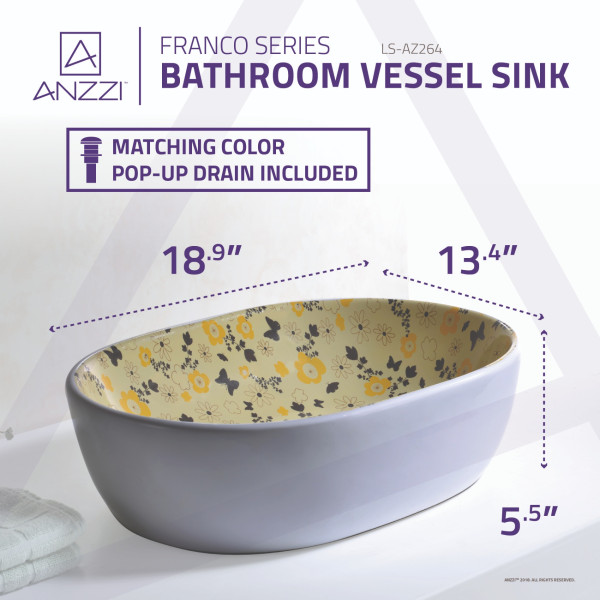 ANZZI LS-AZ264 Franco Series Ceramic Vessel Sink In Floral Lemon Yellow