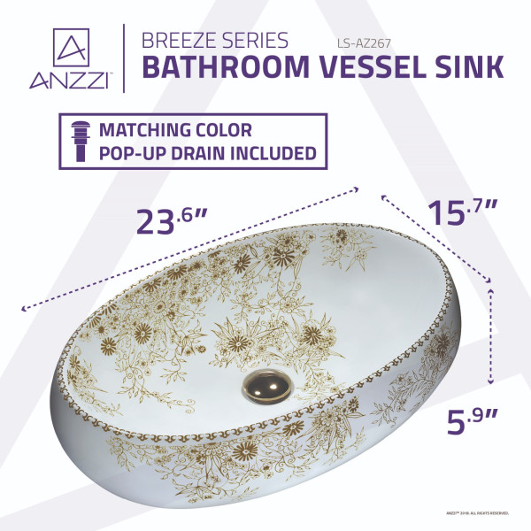 ANZZI LS-AZ267 Breeze Vitreous China Ceramic Vessel Sink In Floral Gold