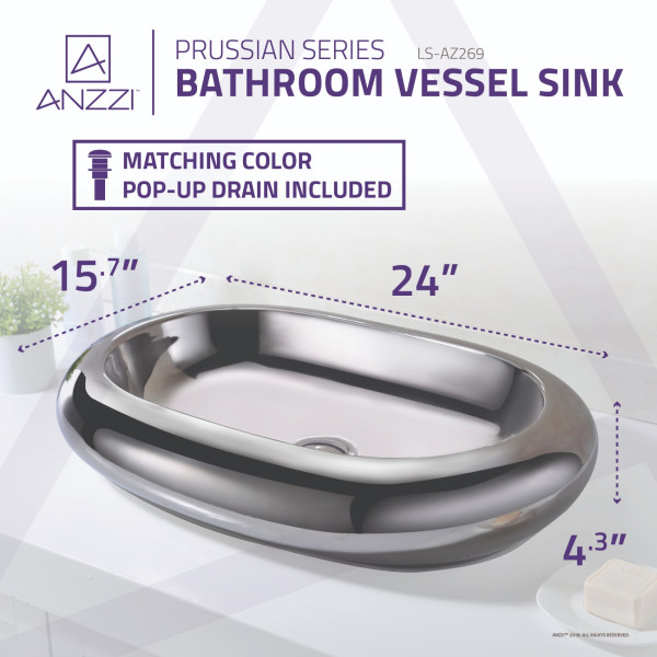 ANZZI LS-AZ269 Prussian Series Vitreous China Ceramic Vessel Sink In Silver