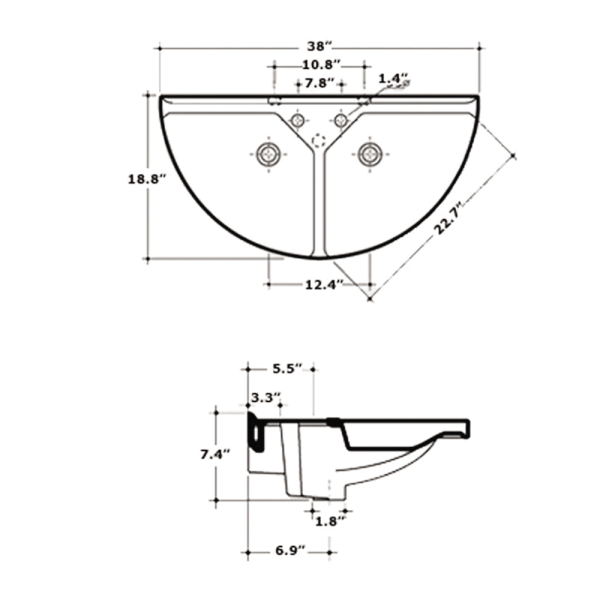 Whitehaus LU020 Large U-Shaped Wall Mount Double Basin w/ Chrome Overflows