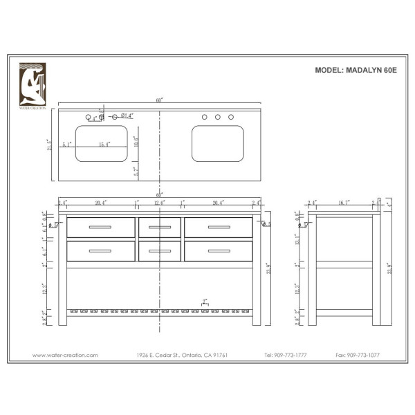 Water Creation Madalyn60 60” Solid Wood Double Sink Bathroom Vanity