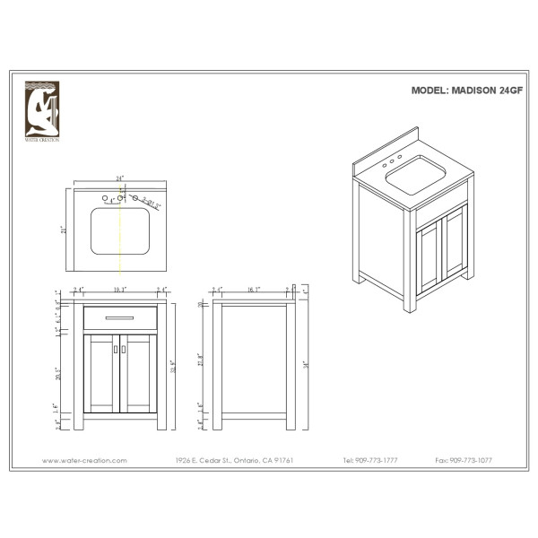 Water Creation Madison24GF 24" Single Sink Bathroom Vanity And Crome Faucet