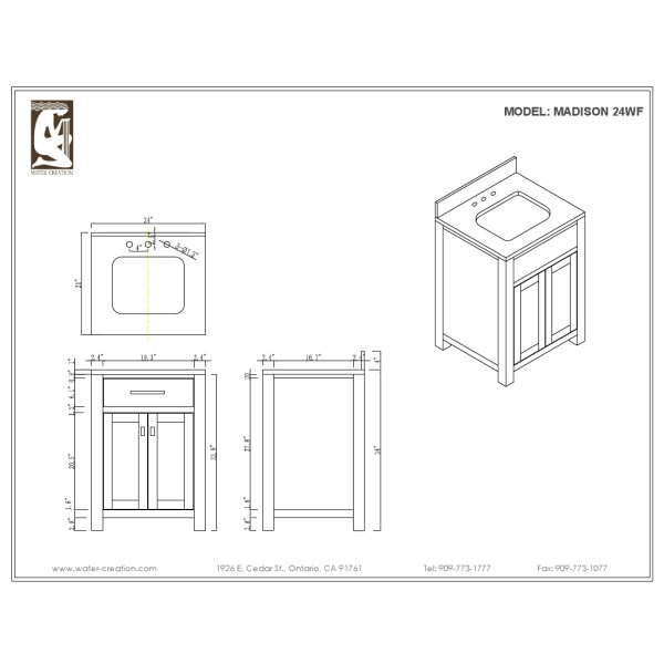 Water Creation Madison24WF 24" Solid White Single Sink Vanity And Faucet