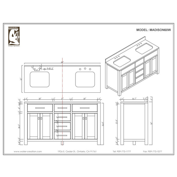 Water Creation Madison60E 60” Espresso Double Sink Bathroom Vanity