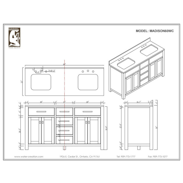 Water Creation Madison60EC 60 Inch Espresso Double Vanity With 2 Mirrors