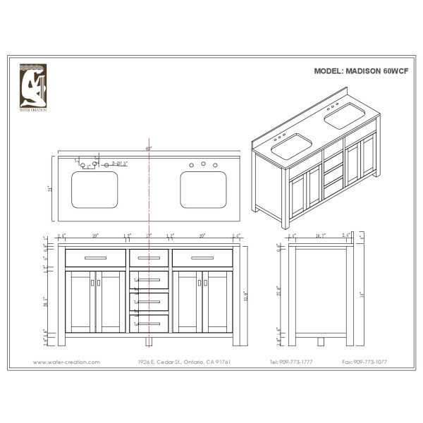 Water Creation Madison60WCF 60" Double Sink Vanity with 2 Mirrors & Faucets