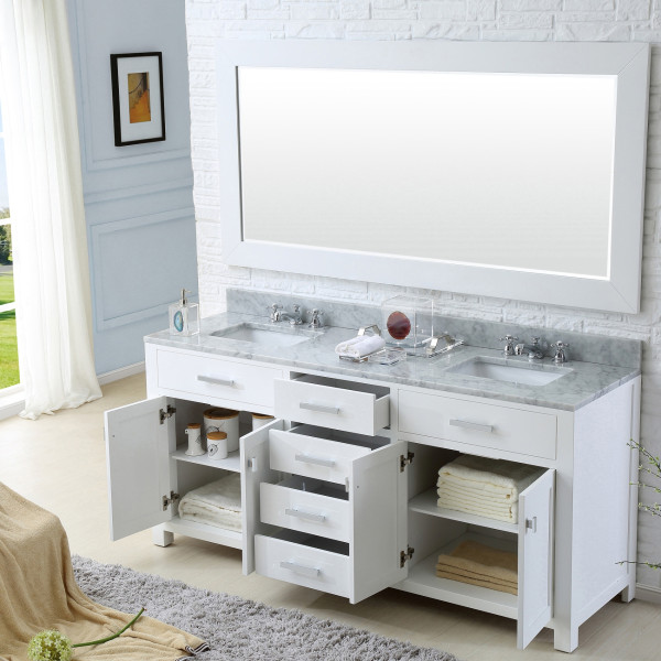 Water Creation Madison72WF 72" Solid White Double Sink Vanity And Faucet