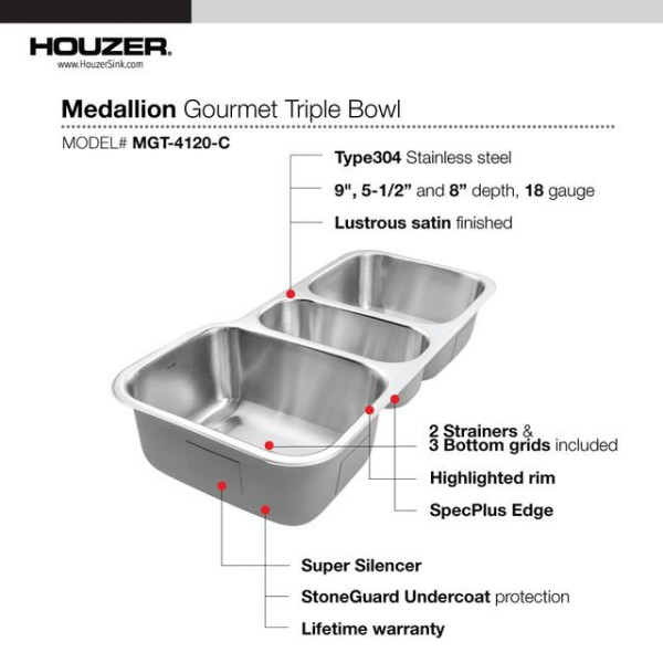 Houzer MGT-4120-C Medallion Series 40" Stainless Steel Undermount Kitchen Sink