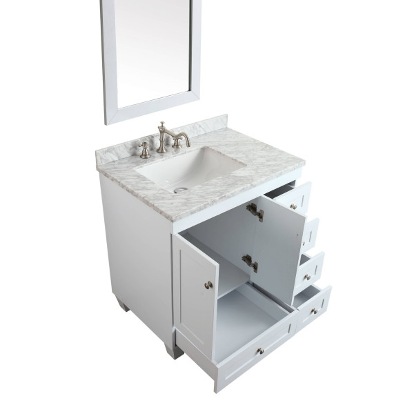 Eviva EVVN69-30 Acclaim C. 30 Inch Transitional Bathroom Vanity with White Carrera Marble Top