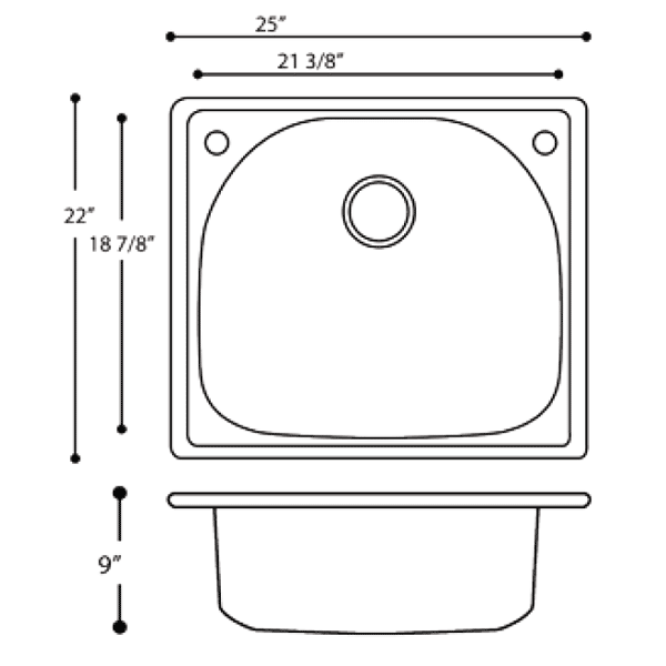 Nantucket NS2522 25" Stainless Steel D-Shaped Self Rimming Drop in Sink