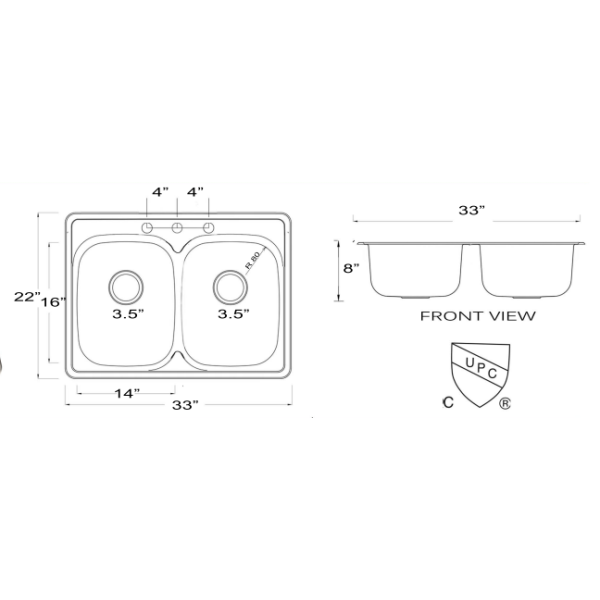 Nantucket NS3322-DE 33" Double Equal Self Rimming Stainless  Drop Kitchen Sink