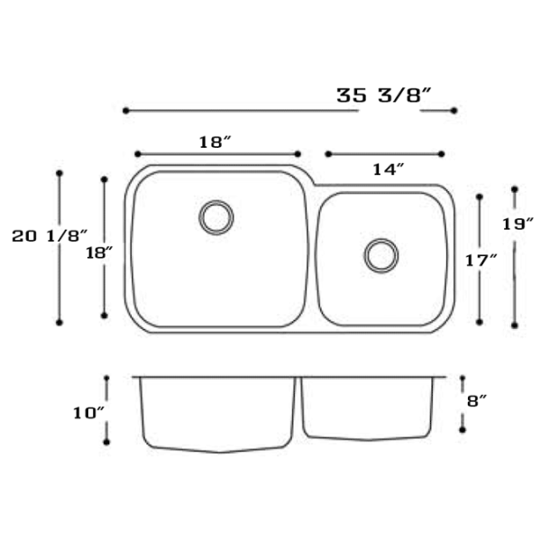 Nantucket NS3520-16 35 3/8" Stainless Double Bowl Undermount Kitchen Sink
