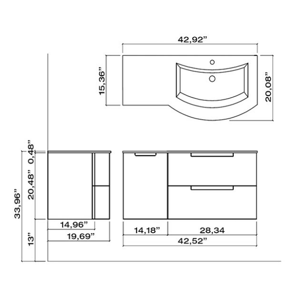   Latoscana OA43OPT3R Oasi 43 Inch Vanity With Left Side Cabinet In Red