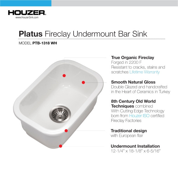 Houzer PTB-1318 Platus 18" Fireclay Rectangular Single Bowl Bar/Prep Sink