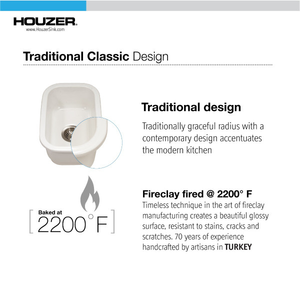 Houzer PTB-1318 Platus 18" Fireclay Rectangular Single Bowl Bar/Prep Sink