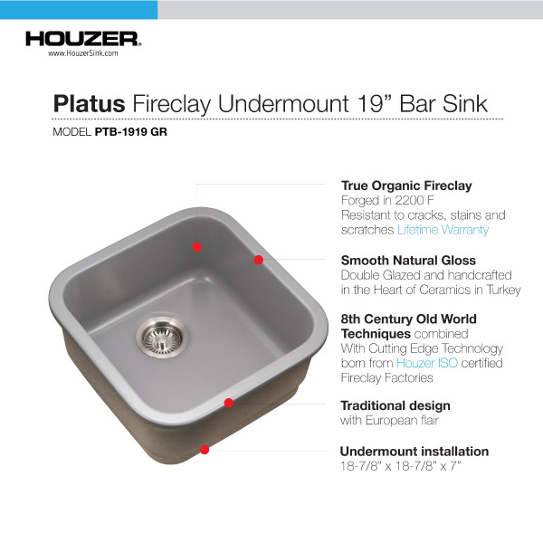 Houzer PTB-1919 Platus 19" Fireclay Undermount Square Single Bowl Bar/Prep Sink