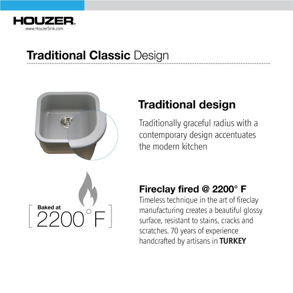 Houzer PTB-1919 Platus 19" Fireclay Undermount Square Single Bowl Bar/Prep Sink