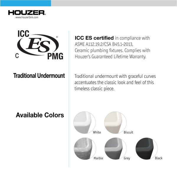 Houzer PTB-1919 Platus 19" Fireclay Undermount Square Single Bowl Bar/Prep Sink