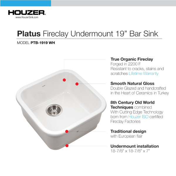 Houzer PTB-1919 Platus 19" Fireclay Undermount Square Single Bowl Bar/Prep Sink