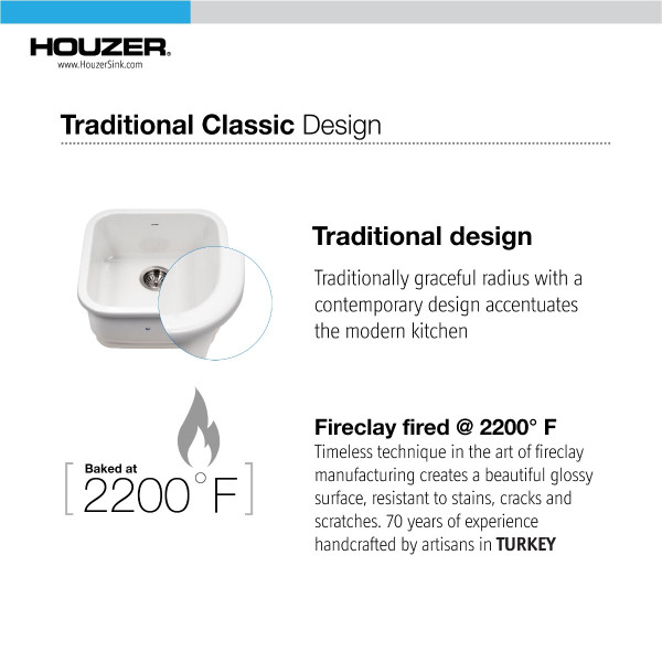 Houzer PTB-1919 Platus 19" Fireclay Undermount Square Single Bowl Bar/Prep Sink