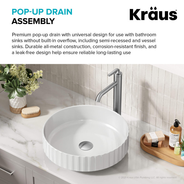 KRAUS PU-10SFS Pop-Up Drain for Bathroom Sink No Overflow in Stainless Steel