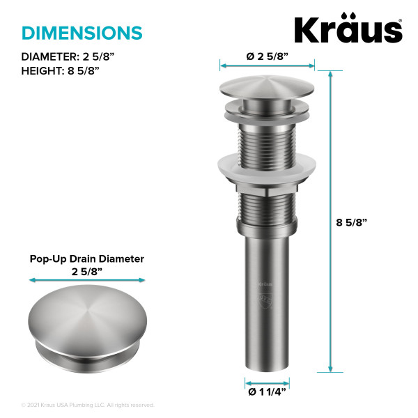 KRAUS PU-10SFS Pop-Up Drain for Bathroom Sink No Overflow in Stainless Steel