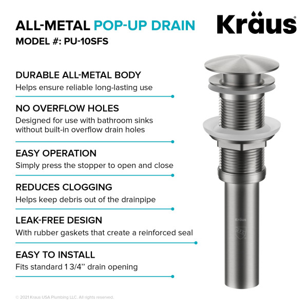 KRAUS PU-10SFS Pop-Up Drain for Bathroom Sink No Overflow in Stainless Steel
