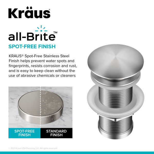 KRAUS PU-10SFS Pop-Up Drain for Bathroom Sink No Overflow in Stainless Steel