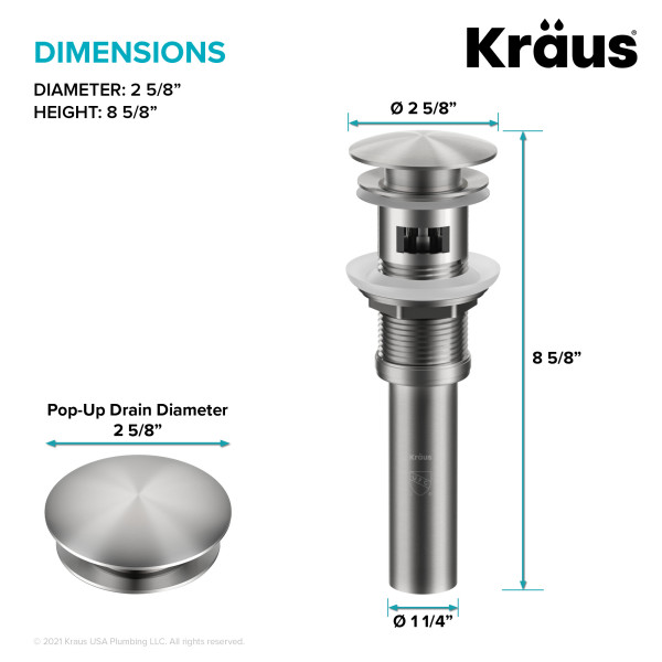 KRAUS PU-11SFS Pop-Up Drain for Bathroom Sink with Overflow in Stainless Steel