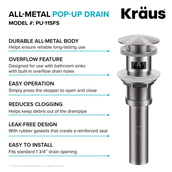 KRAUS PU-11SFS Pop-Up Drain for Bathroom Sink with Overflow in Stainless Steel