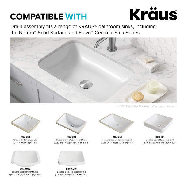 KRAUS PU-11SFS Pop-Up Drain for Bathroom Sink with Overflow in Stainless Steel